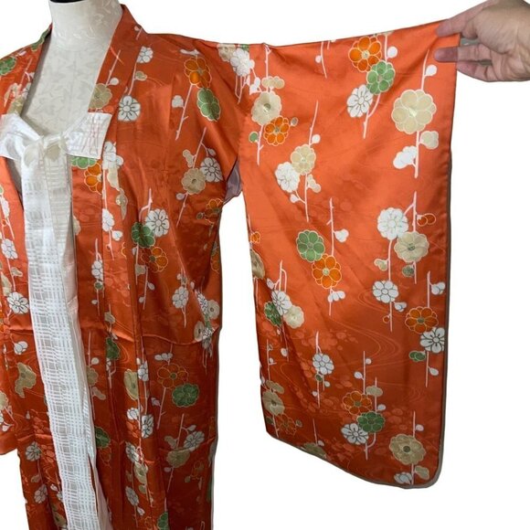 Womens Kimono One Size Orange Maxi Length Tie Front Lined Floral Embossed - Picture 7 of 16